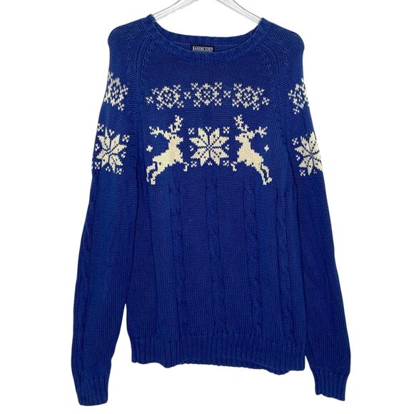 Lands End L Mens Snowflake Moose Chunky Cable Knit Crewneck Sweater Vintage 90s - Picture 1 of 9